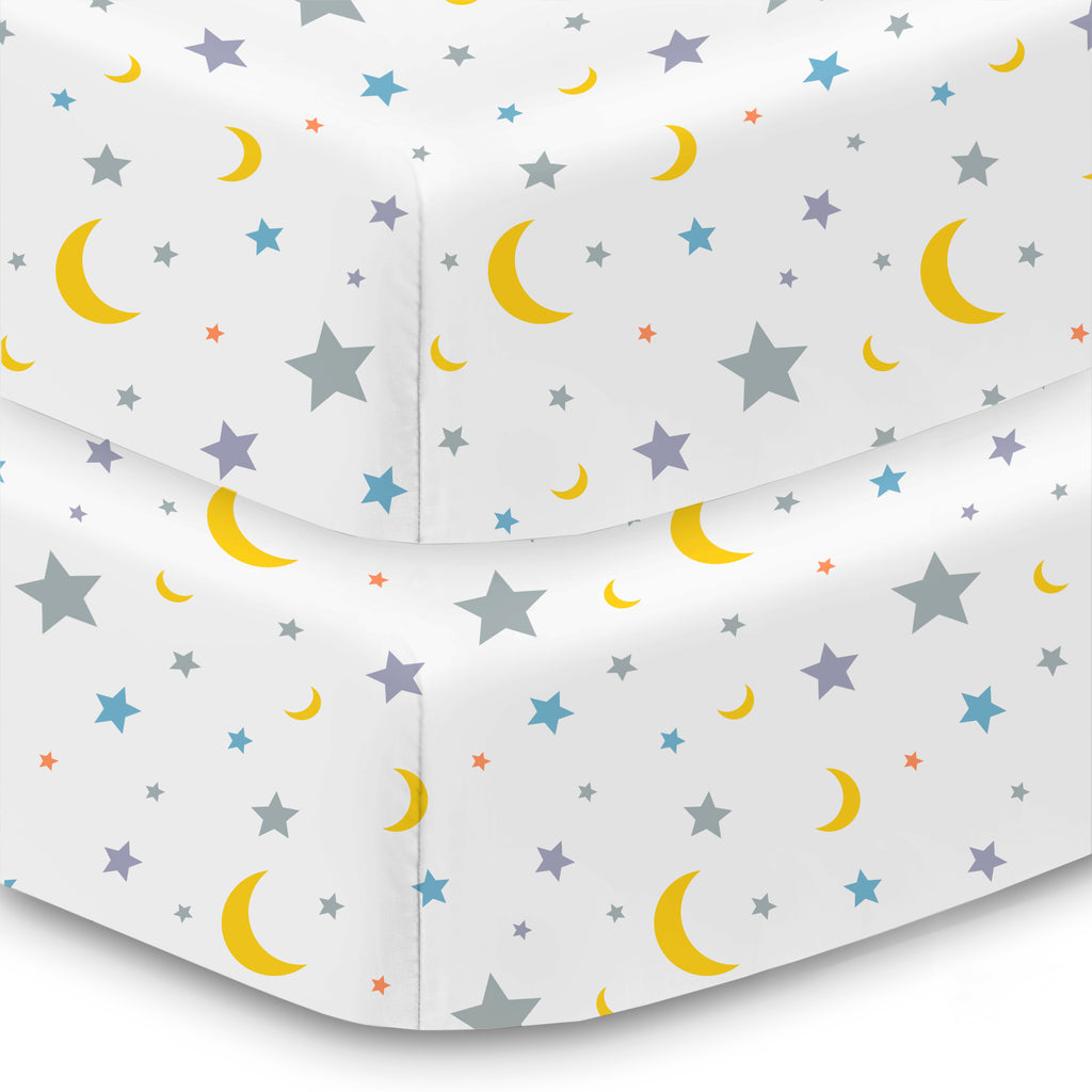 Corner View of BreathableBaby Cotton Percale Fitted Sheet for Crib & Toddler Bed Mattresses in Moon & Stars