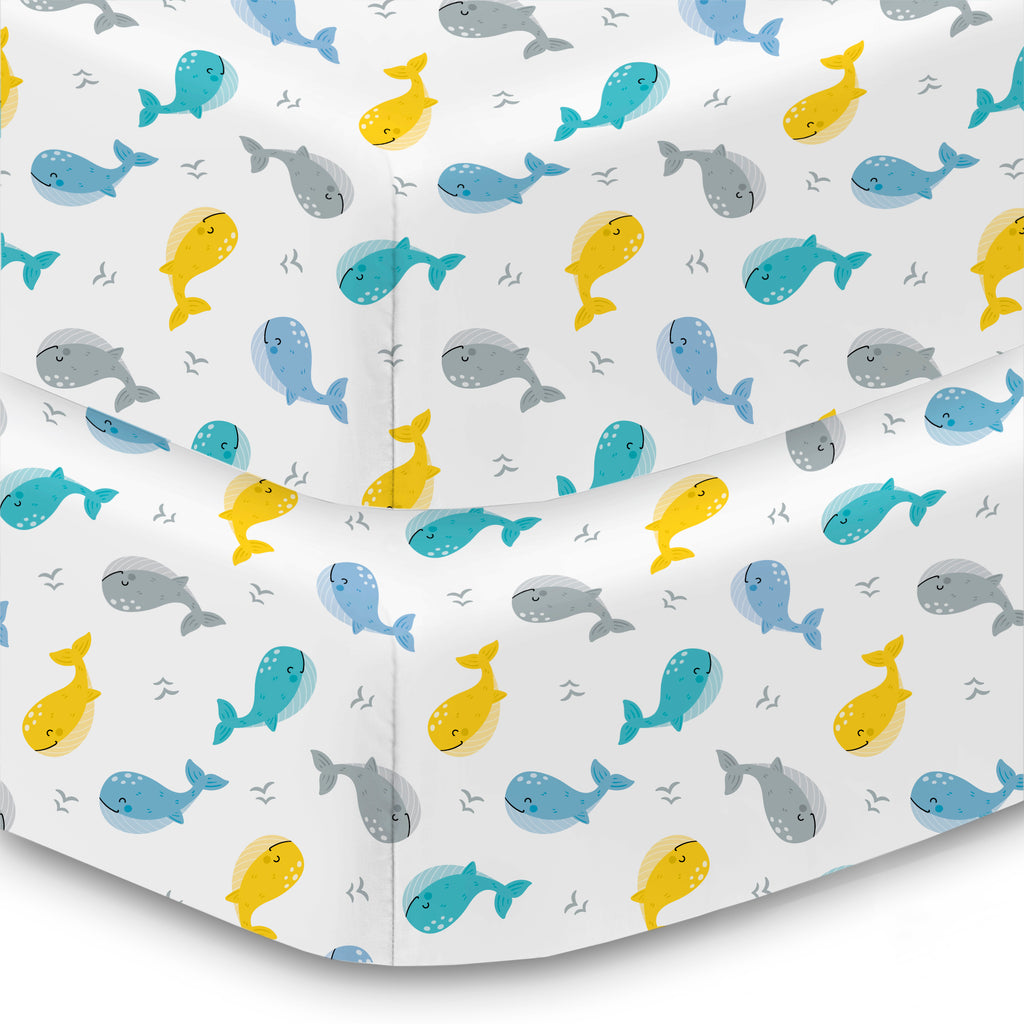 Corner View of BreathableBaby Cotton Percale Fitted Sheet for Crib & Toddler Bed Mattresses in Whales