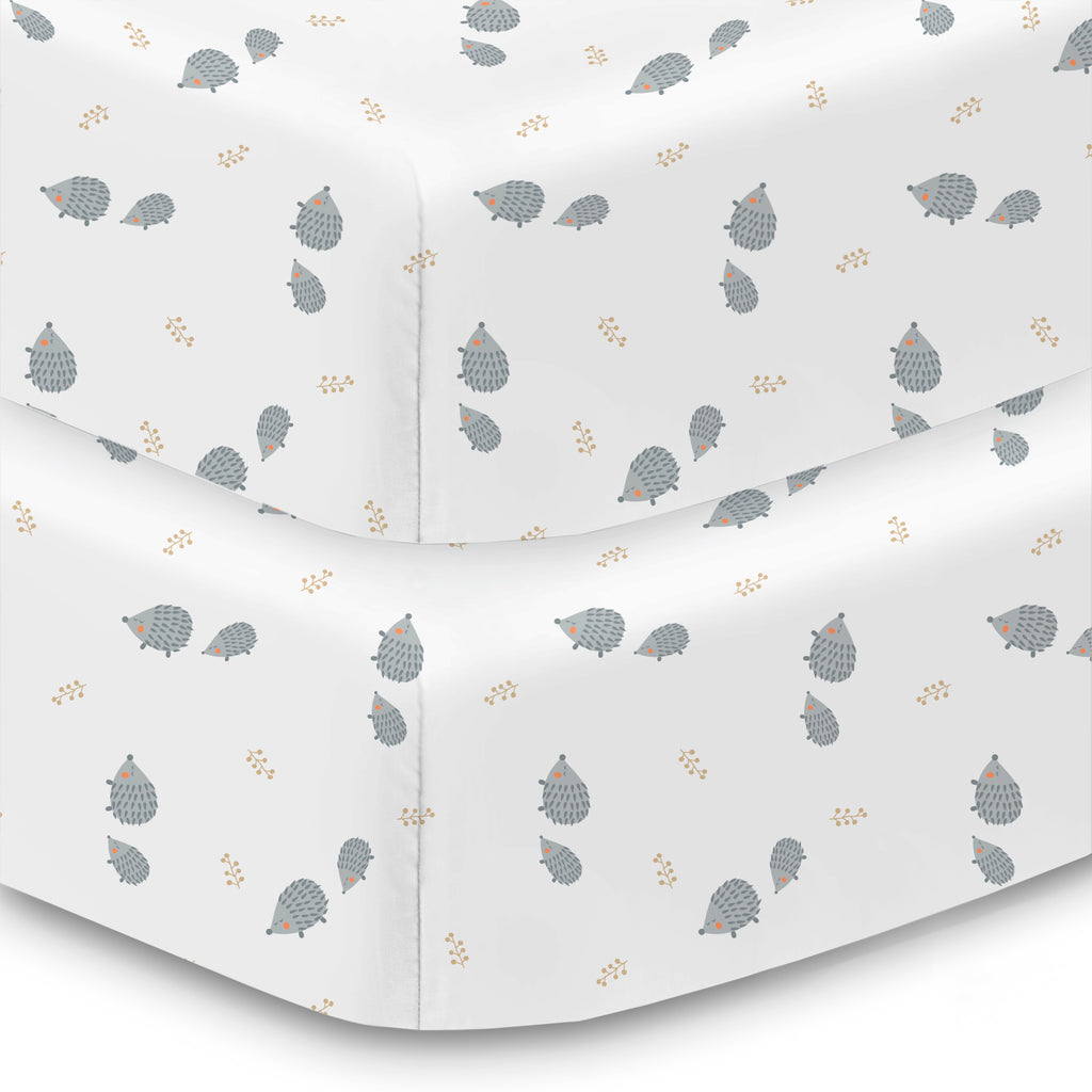 Corner View of BreathableBaby Cotton Percale Fitted Sheet for Crib & Toddler Bed Mattresses in Hedgehogs