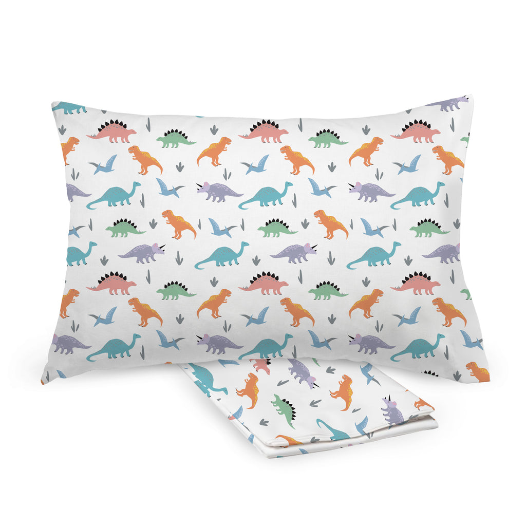 BreathableBaby Cotton Percale Pillowcases for Toddler Pillows in Dinosaurs shown on Toddler Pillow and Folded