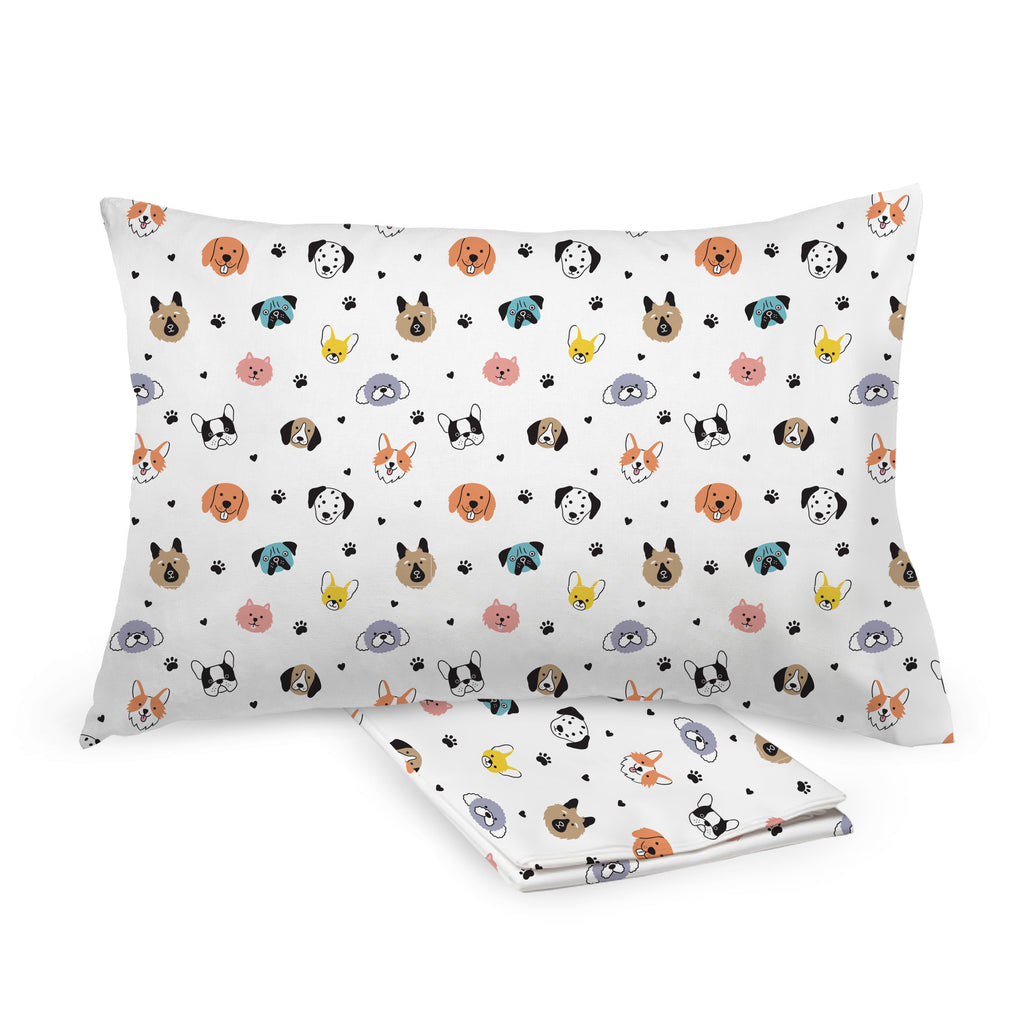 BreathableBaby Cotton Percale Pillowcases for Toddler Pillows in Dogs shown on Toddler Pillow and Folded