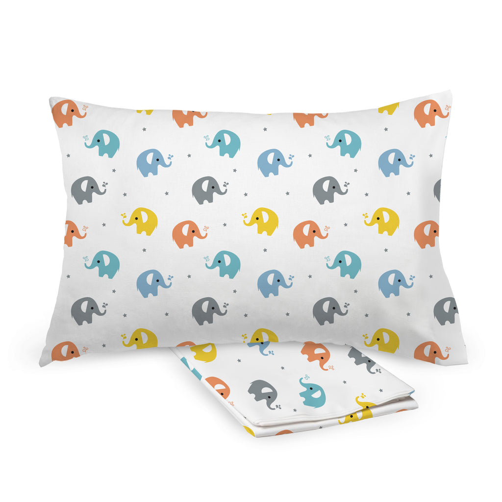 BreathableBaby Cotton Percale Pillowcases for Toddler Pillows in Elephants shown on Toddler Pillow and Folded