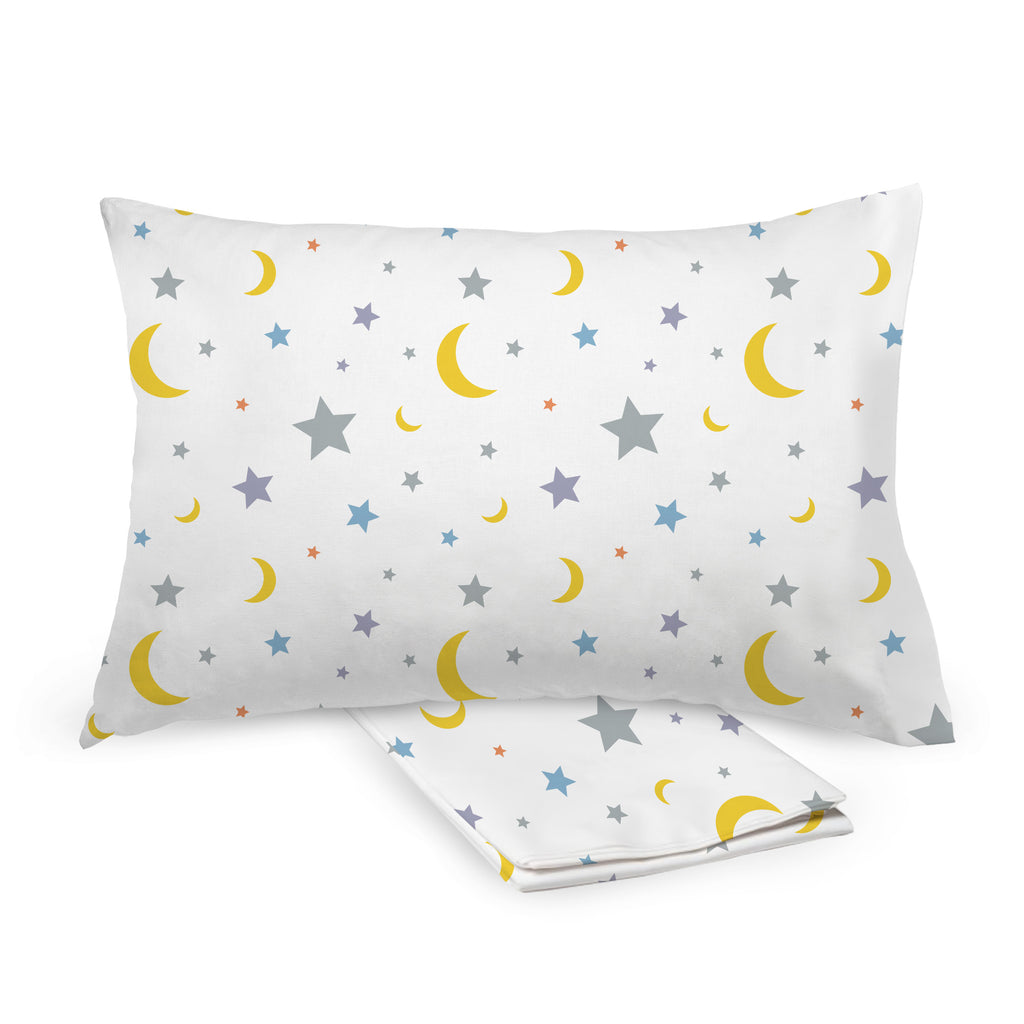 BreathableBaby Cotton Percale Pillowcases for Toddler Pillows in Moon & Stars shown on Toddler Pillow and Folded