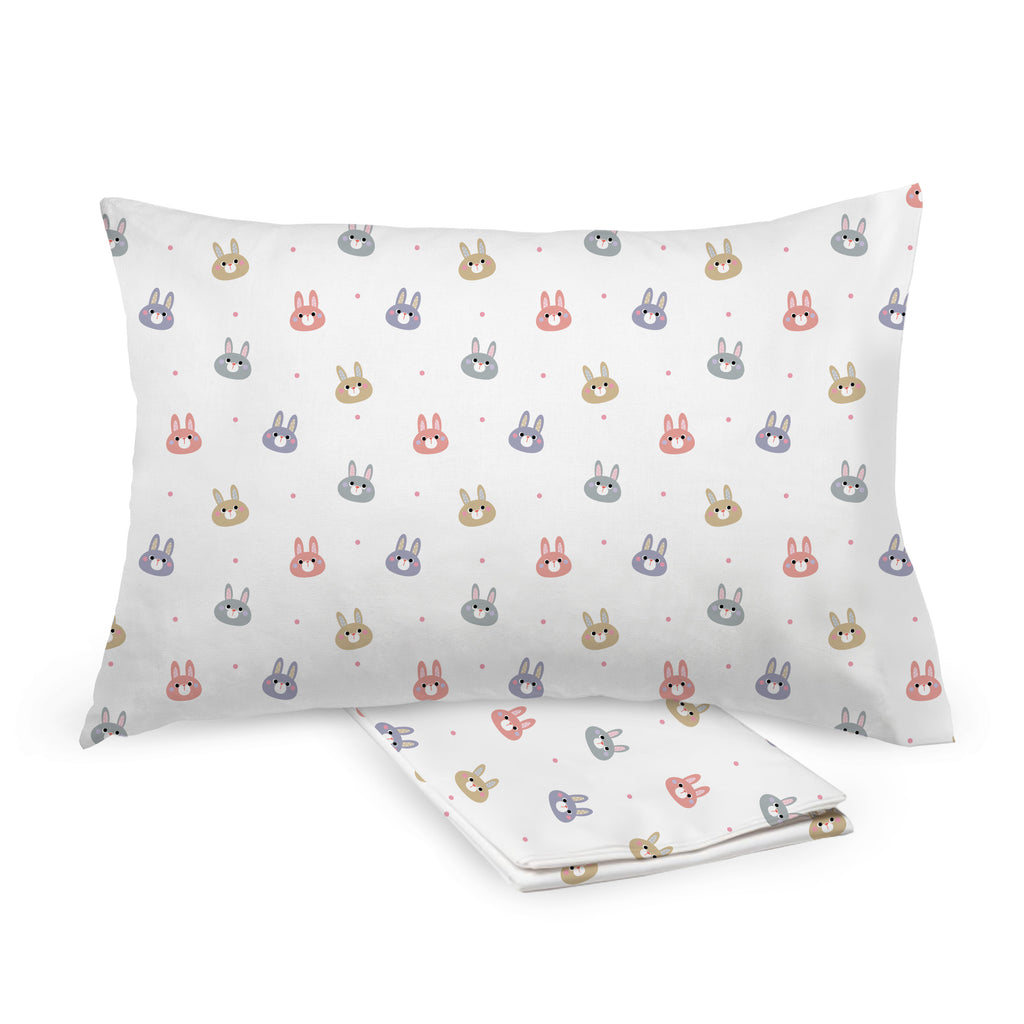 BreathableBaby Cotton Percale Pillowcases for Toddler Pillows in Rabbits shown on Toddler Pillow and Folded