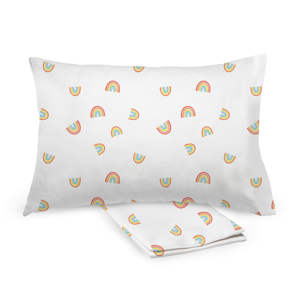 BreathableBaby Cotton Percale Pillowcases for Toddler Pillows in Rainbows shown on Toddler Pillow and Folded