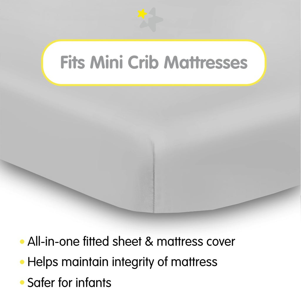 Fit Description for BreathableBaby All-in-One Fitted Sheet & Waterproof Cover for Mini Crib Mattresses in Gray