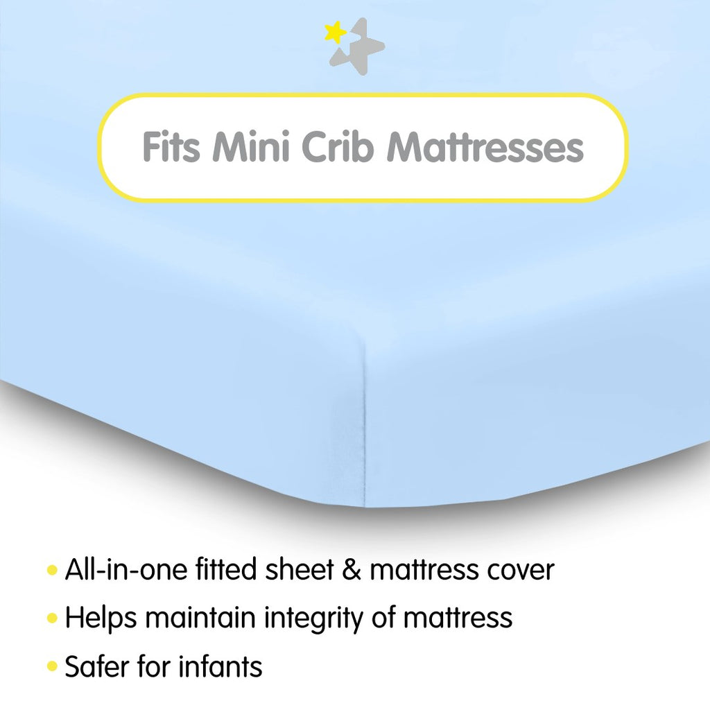 Fit Description for BreathableBaby All-in-One Fitted Sheet & Waterproof Cover for Mini Crib Mattresses in Light Blue