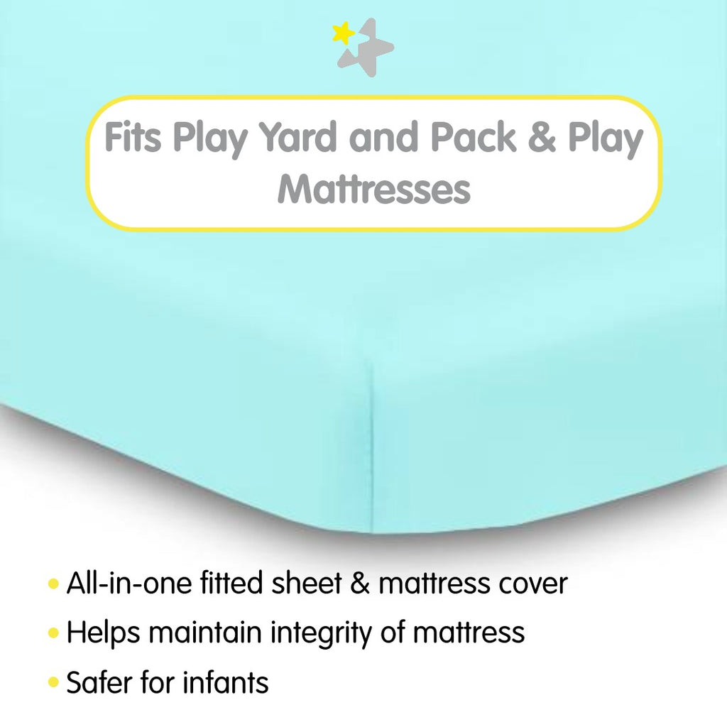 Fit Description for BreathableBaby All-in-One Fitted Sheet & Waterproof Cover for Play Yard Mattresses in Blue Green Aqua