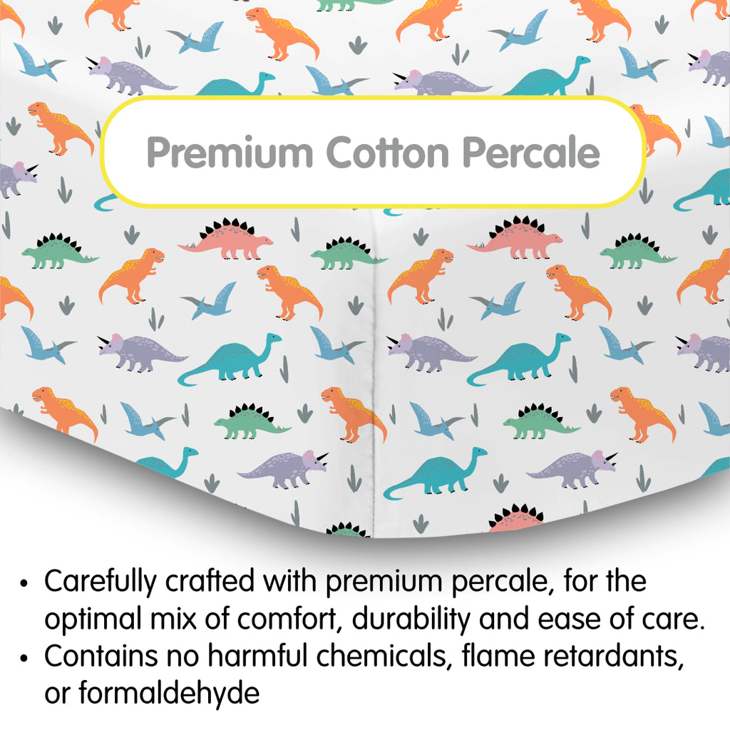 Material Description for BreathableBaby Cotton Percale Fitted Sheet for Crib & Toddler Bed Mattresses in Dinosaurs