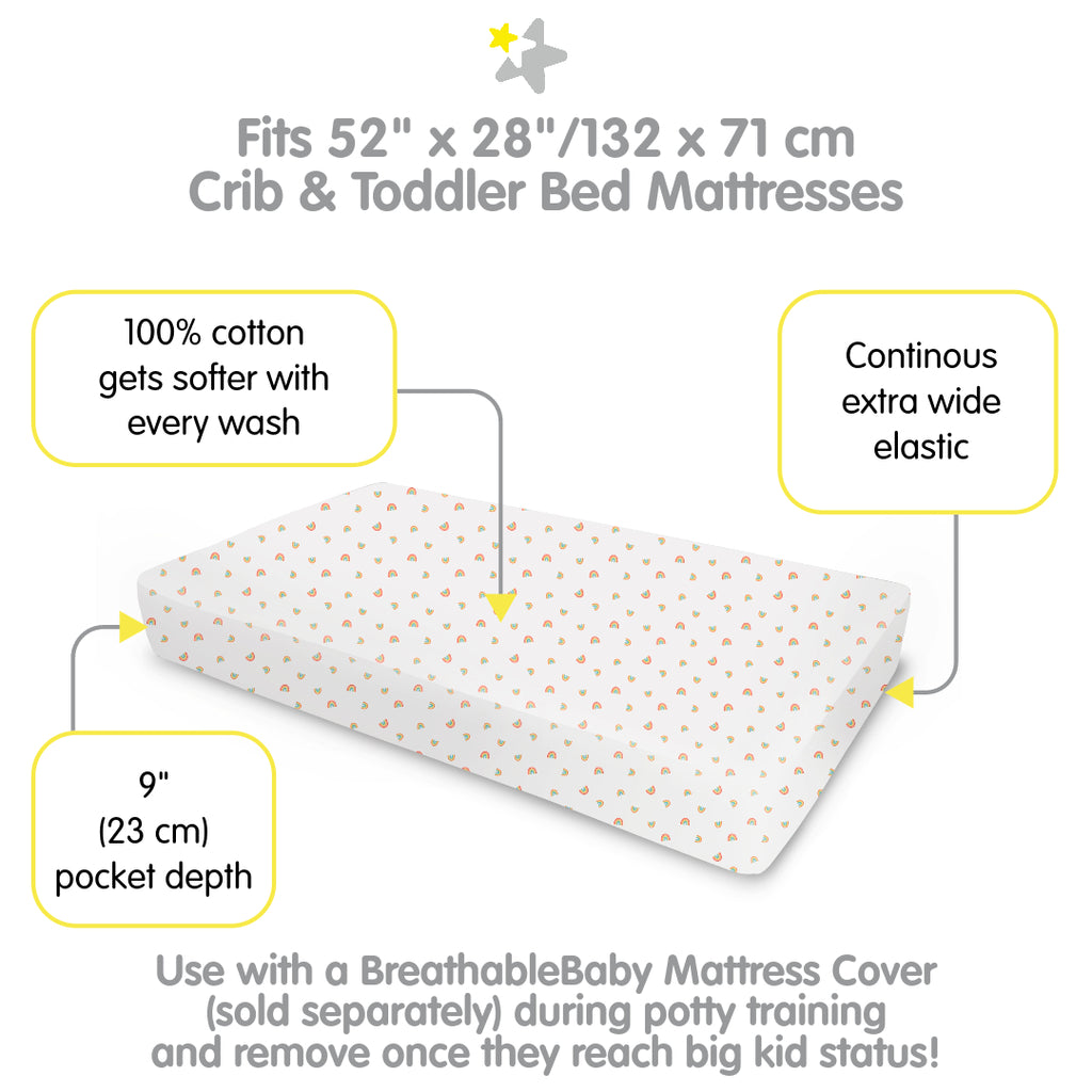 Full view of BreathableBaby Cotton Percale Fitted Sheet for Crib & Toddler Bed Mattresses in Rainbows