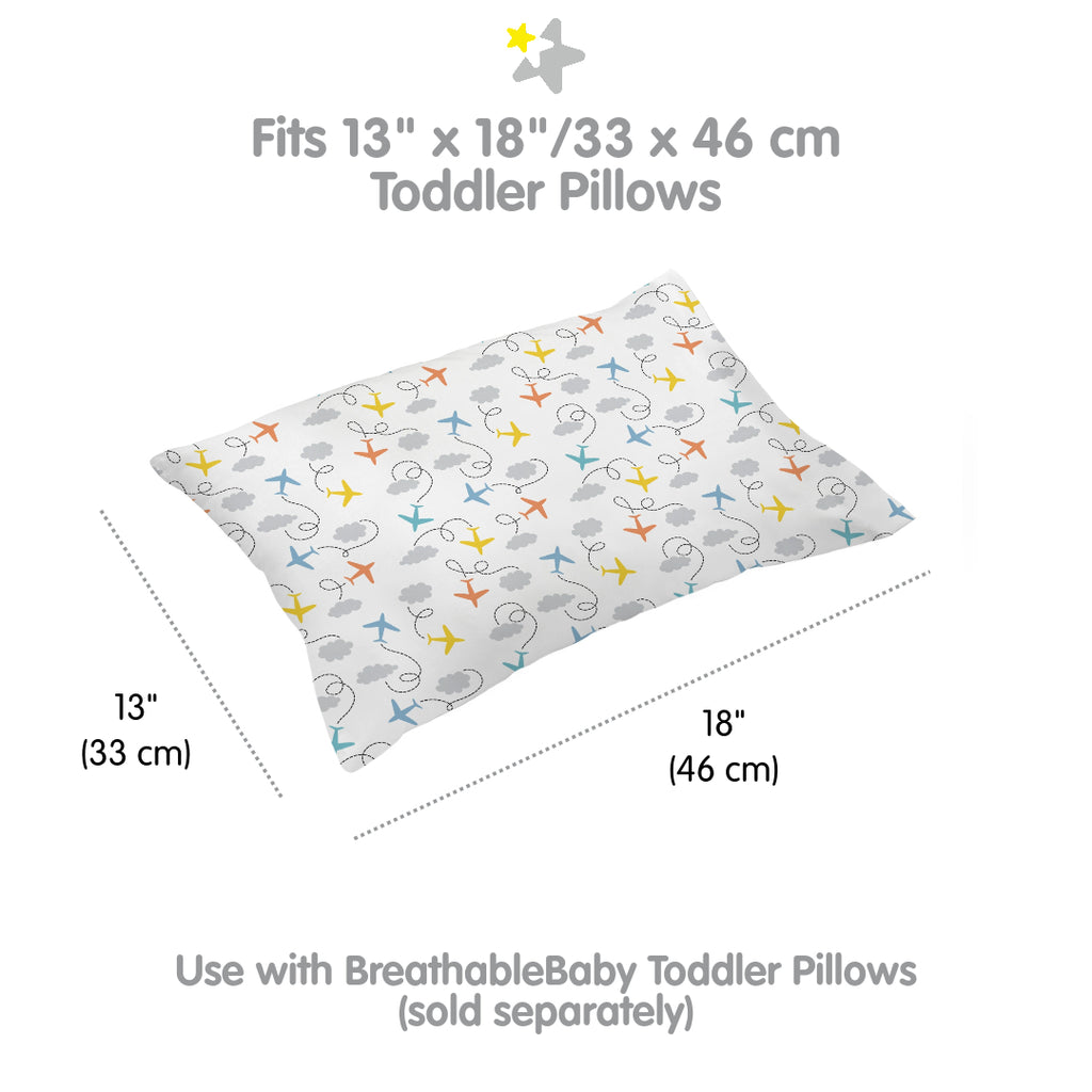 Full view and dimensions of BreathableBaby Cotton Percale Pillowcase for Toddler Pillows in Airplanes