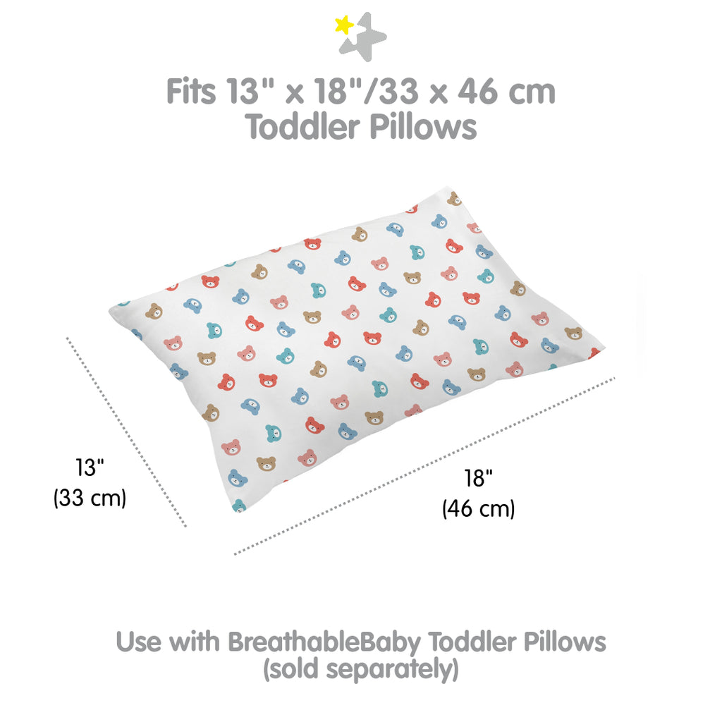 Full view and dimensions of BreathableBaby Cotton Percale Pillowcase for Toddler Pillows in Bears 
