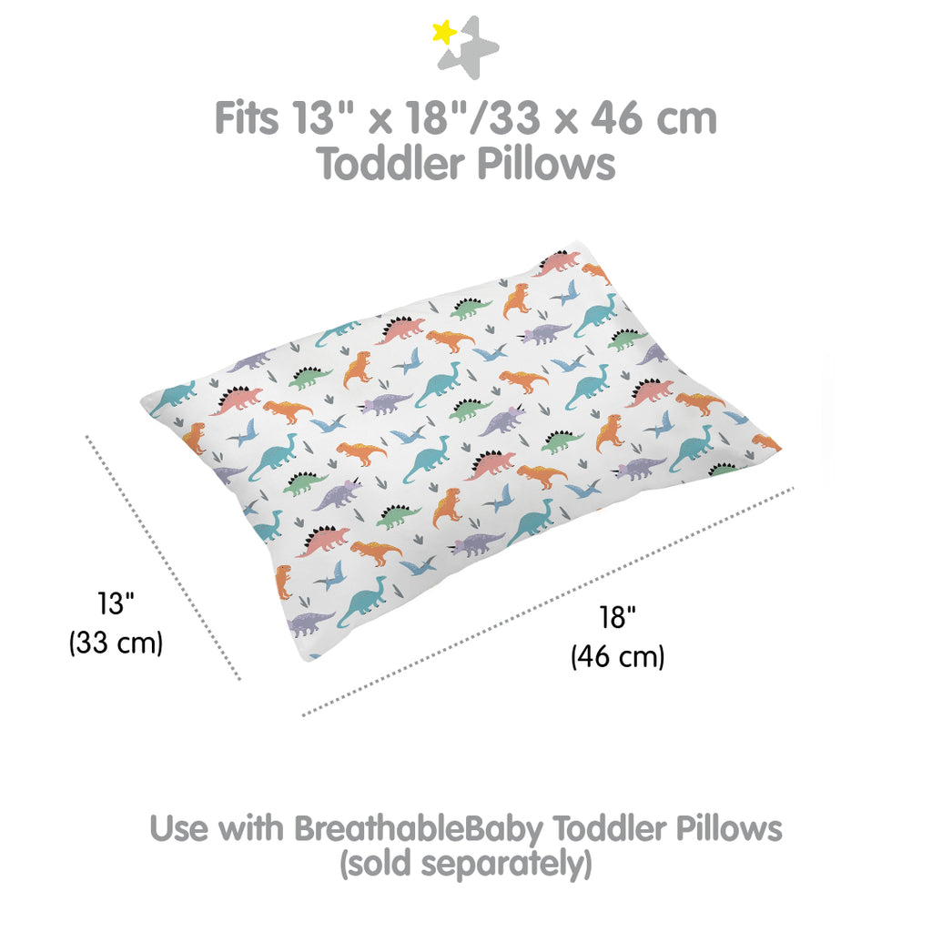 Full view and dimensions of BreathableBaby Cotton Percale Pillowcase for Toddler Pillows in Dinosaurs