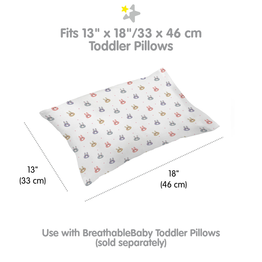 Full view and dimensions of BreathableBaby Cotton Percale Pillowcase for Toddler Pillows in Rabbits 