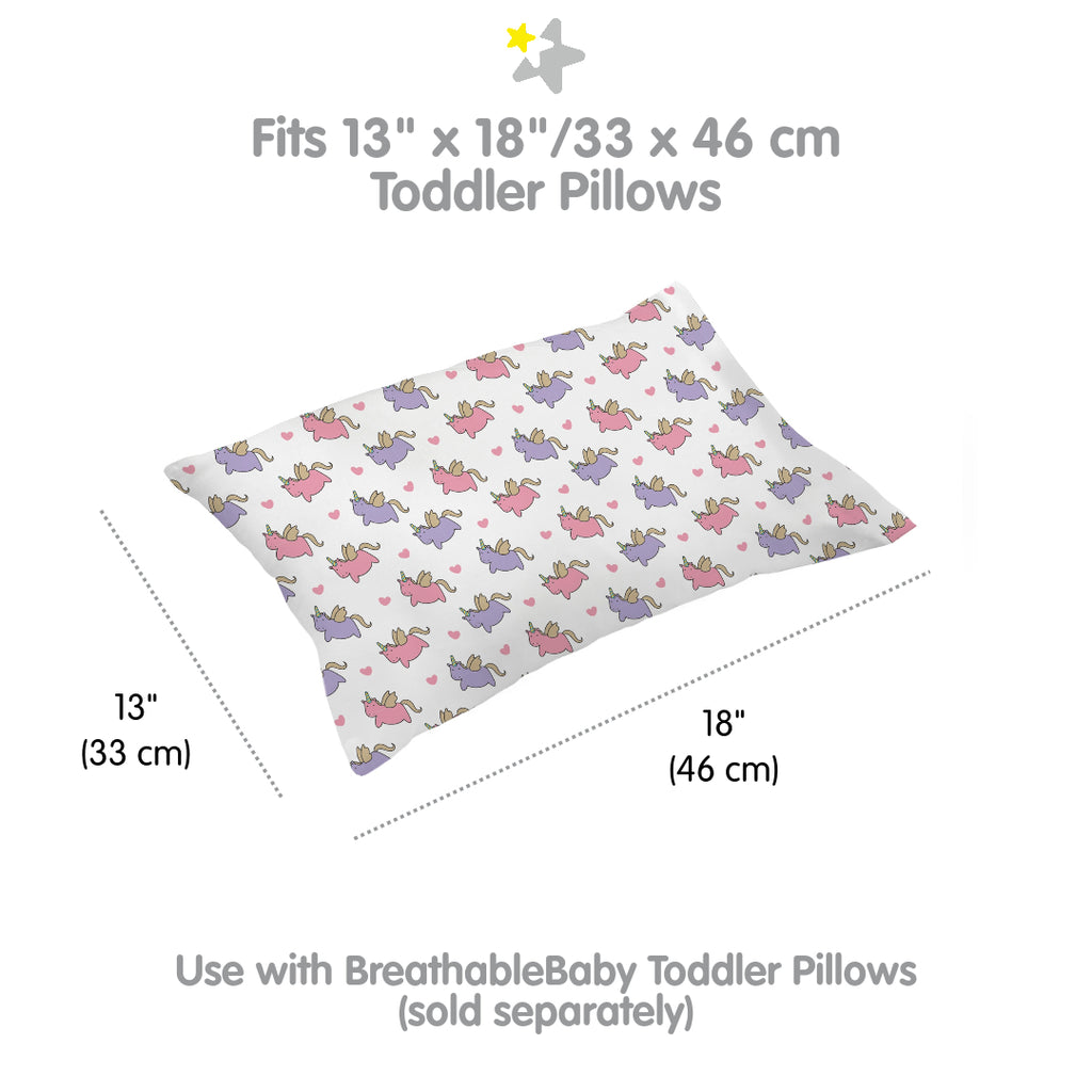 Full view and dimensions of BreathableBaby Cotton Percale Pillowcase for Toddler Pillows in Unicorns