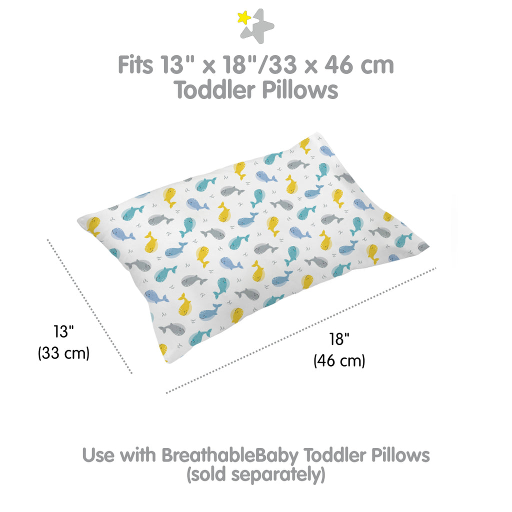 Full view and dimensions of BreathableBaby Cotton Percale Pillowcase for Toddler Pillows in Whales