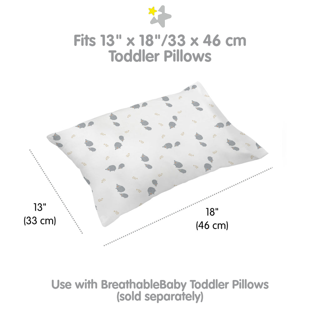 Full view and dimensions of BreathableBaby Cotton Percale Pillowcase for Toddler Pillows in Hedgehogs 