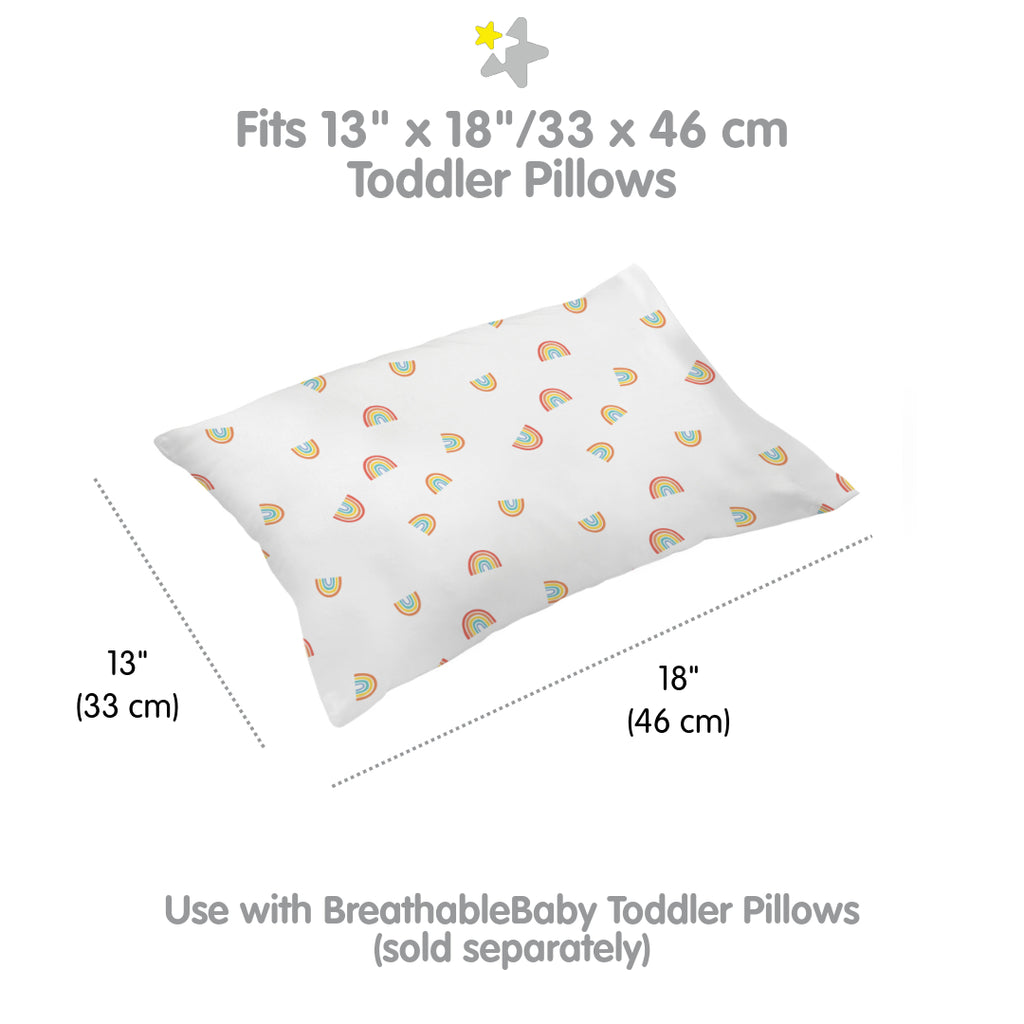 Full view and dimensions of BreathableBaby Cotton Percale Pillowcase for Toddler Pillows in Rainbows 