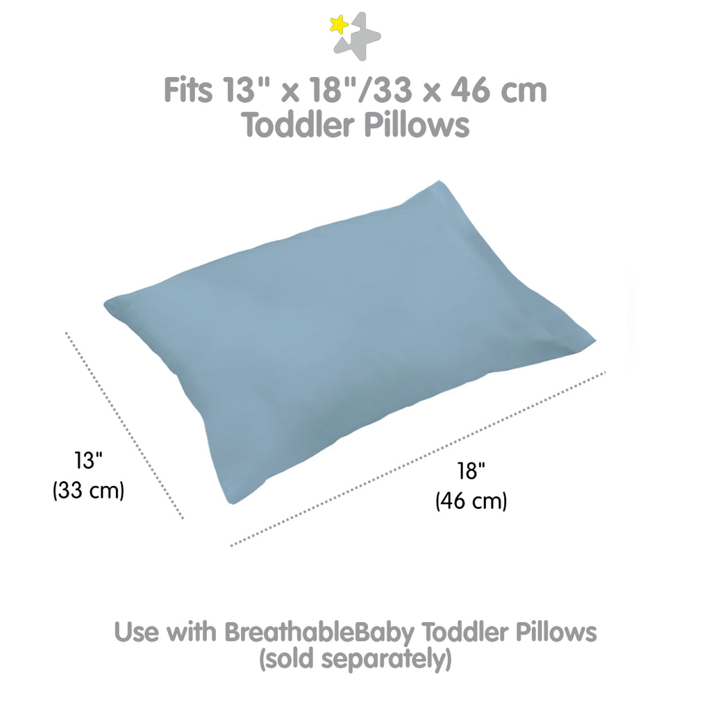 Full view and dimensions of BreathableBaby Cotton Percale Pillowcase for Toddler Pillows in Blue