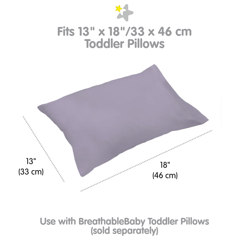 Full view and dimensions of BreathableBaby Cotton Percale Pillowcase for Toddler Pillows in Purple 