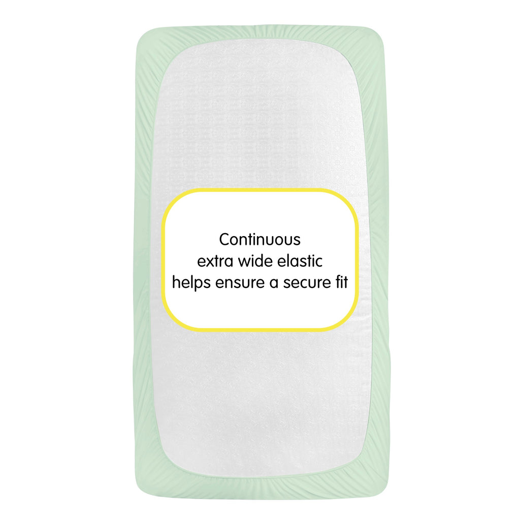 Back view of BreathableBaby All-in-One Fitted Sheet & Waterproof Cover for Crib Mattresses in Mint Green