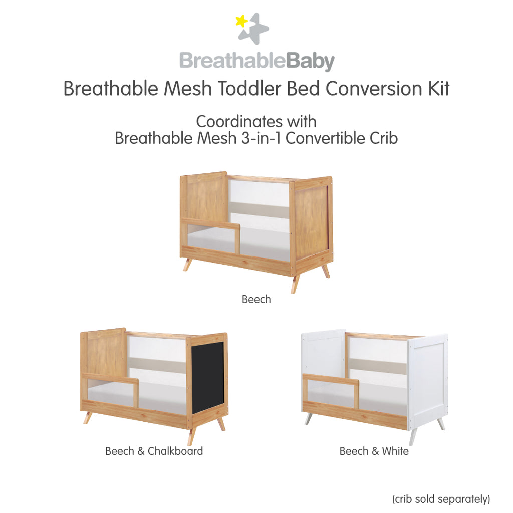BreathableBaby Breathable Mesh Toddler Bed Conversion Kit in Beech shown on converted toddler bed shown on white background