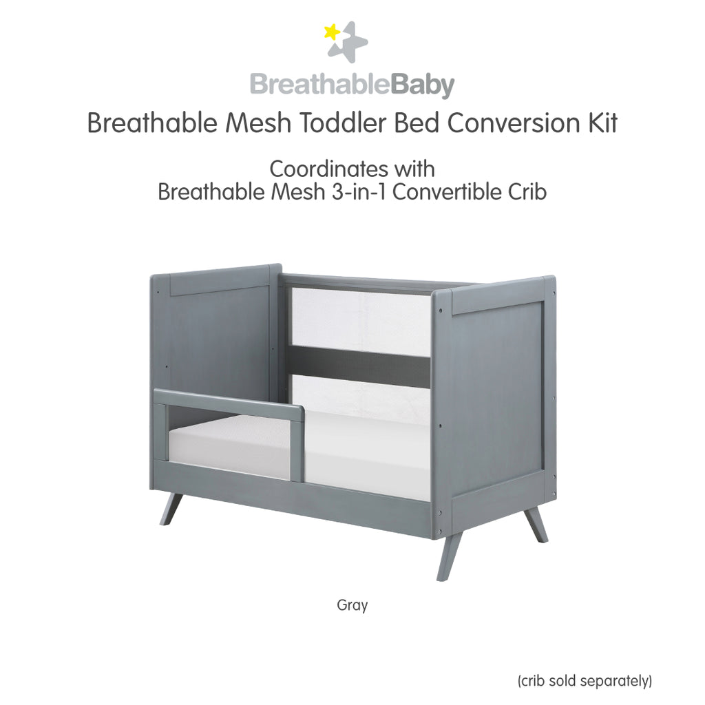 BreathableBaby Breathable Mesh Toddler Bed Conversion Kit in Gray shown on converted toddler bed shown on white background