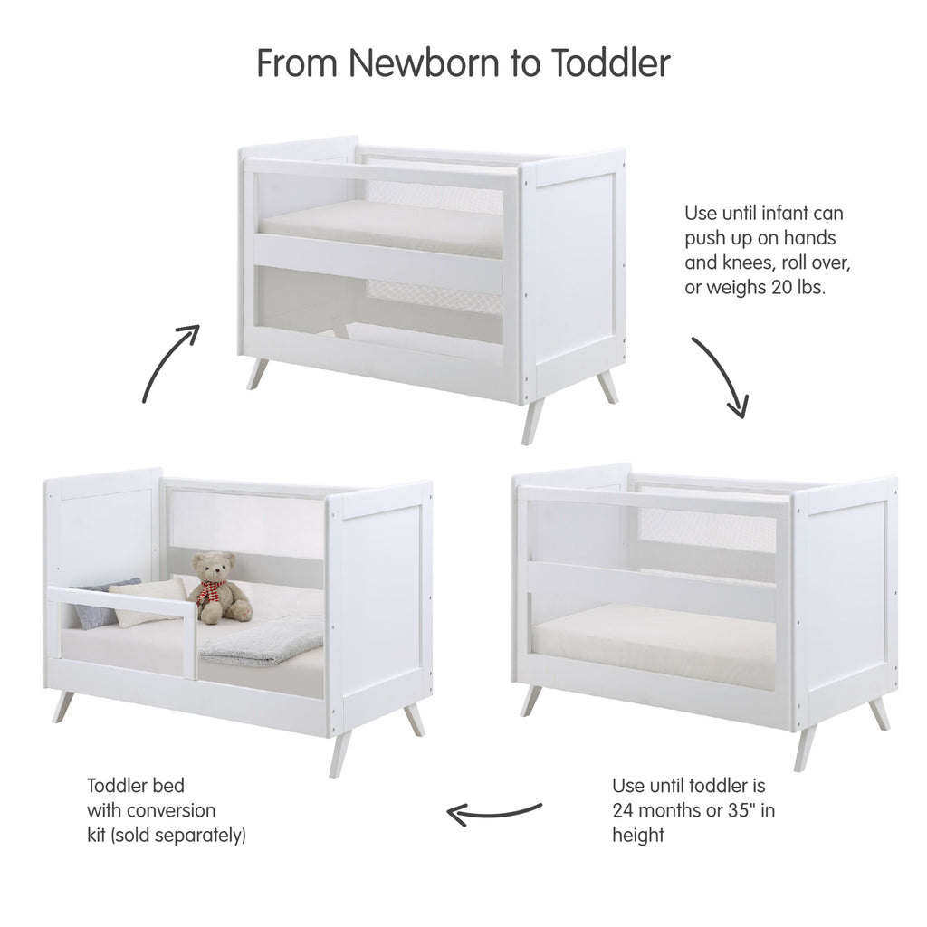 BreathableBaby Breathable Mesh 3-in-1 Convertible Crib in White Shown with Different Mattress Height Adjustments and as a Toddler Bed