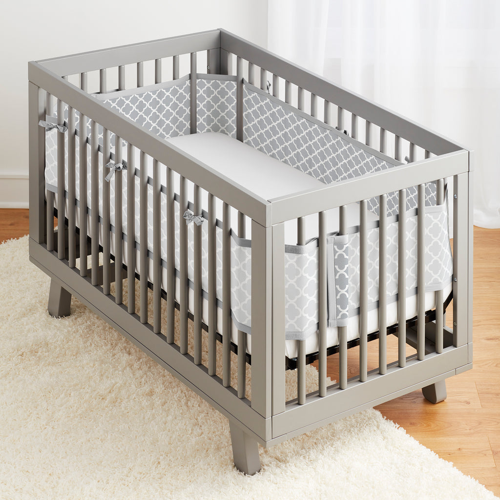 Full crib view of BreathableBaby Breathable Mesh Crib Liner on a crib in Gray Clover