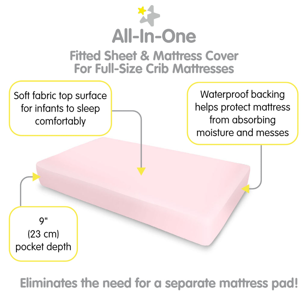 Full view of BreathableBaby All-in-One Fitted Sheet & Waterproof Cover for Crib Mattresses in Pink with Description of Surface and Backing