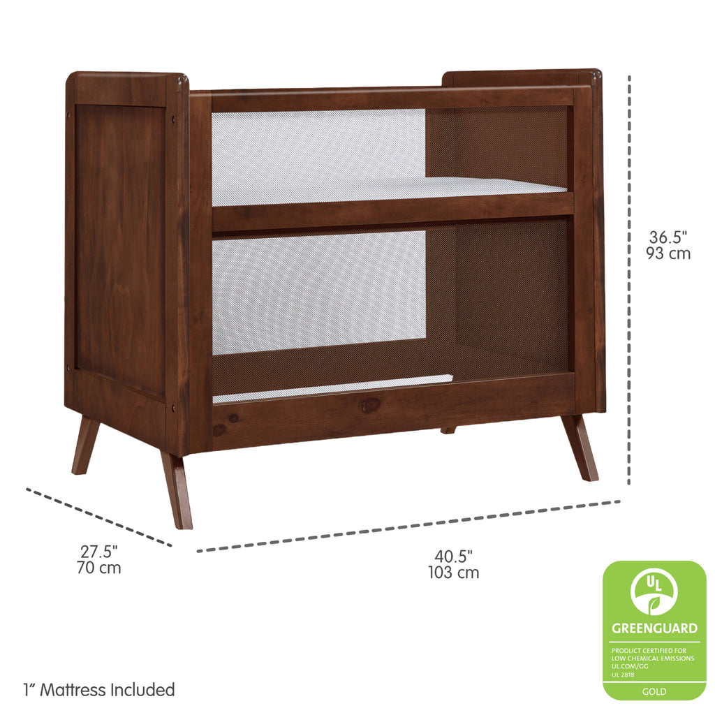 Dimensions guide for BreathableBaby Breathable Mesh 2-in-1 Mini Crib in Walnut