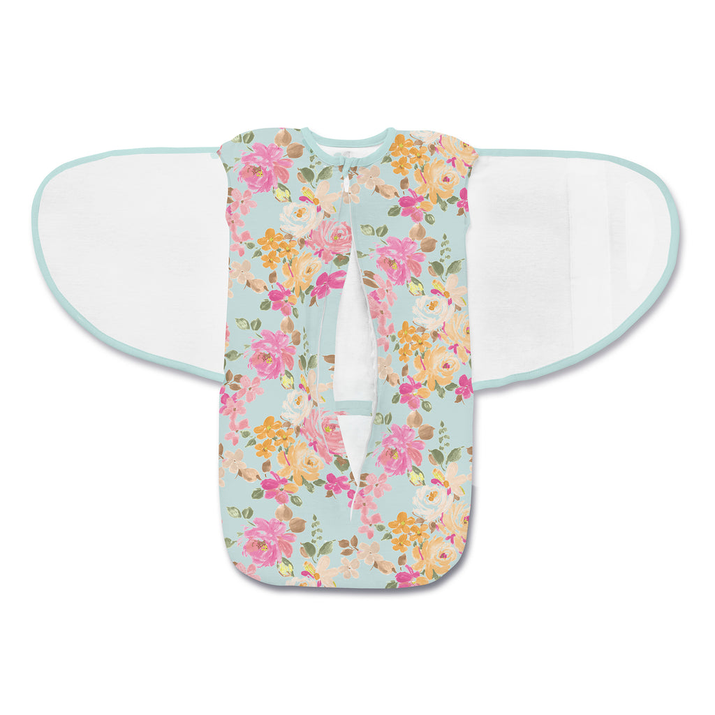 3: BreathableBaby Swaddle Trio in Watercolor Bloom Aqua (Front View with Activewear Wings Open)