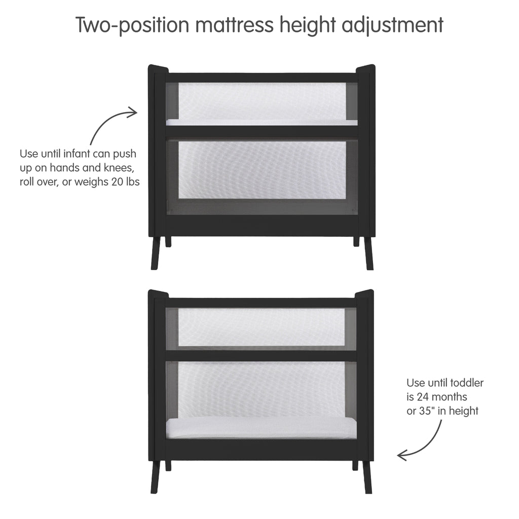 BreathableBaby Breathable Mesh 2-in-1 Mini Crib in Black Shown with Different Mattress Height Adjustments