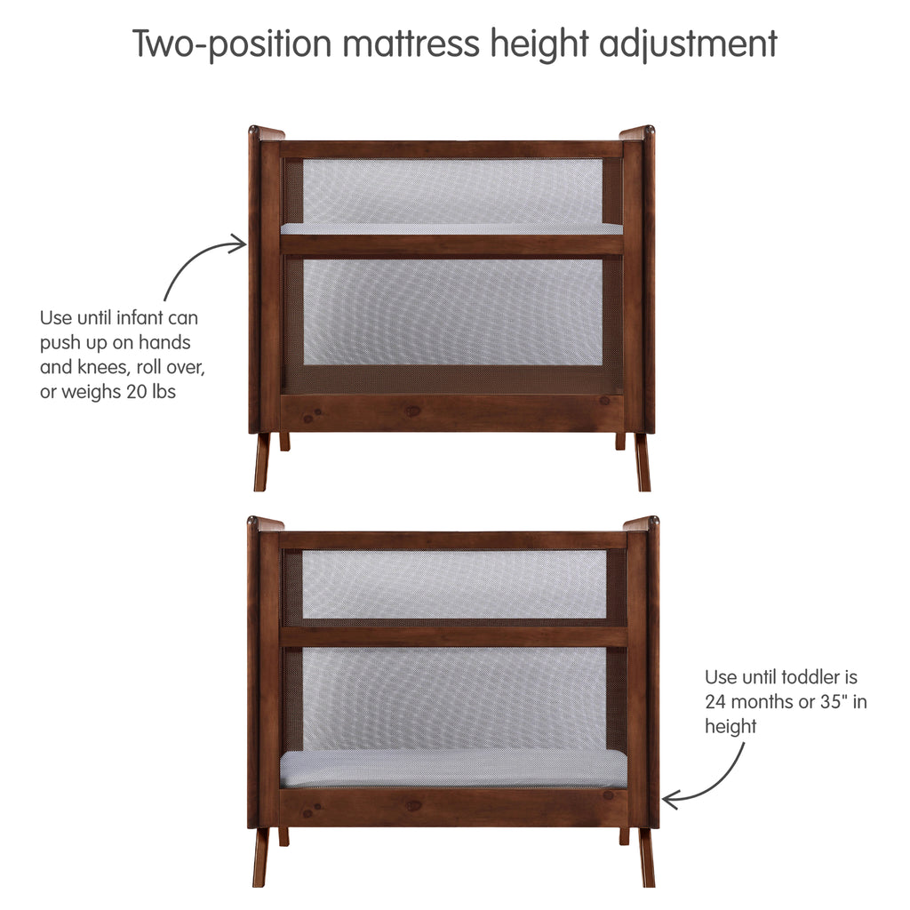BreathableBaby Breathable Mesh 2-in-1 Mini Crib in Walnut Shown with Different Mattress Height Adjustments