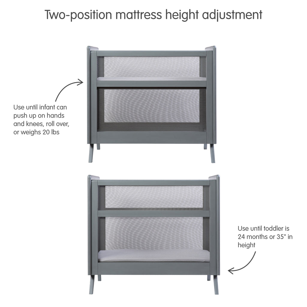 BreathableBaby Breathable Mesh 2-in-1 Mini Crib in Gray Shown with Different Mattress Height Adjustments