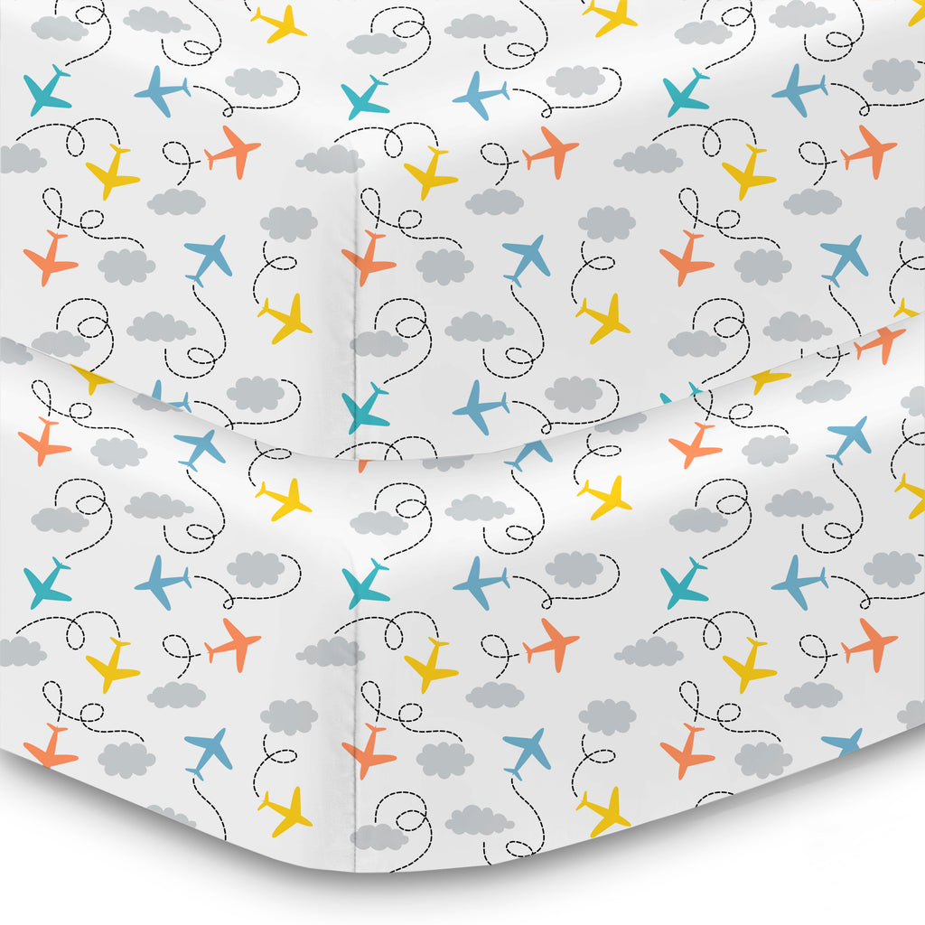 Corner View of BreathableBaby Cotton Percale Fitted Sheet for Crib & Toddler Bed Mattresses in Airplanes