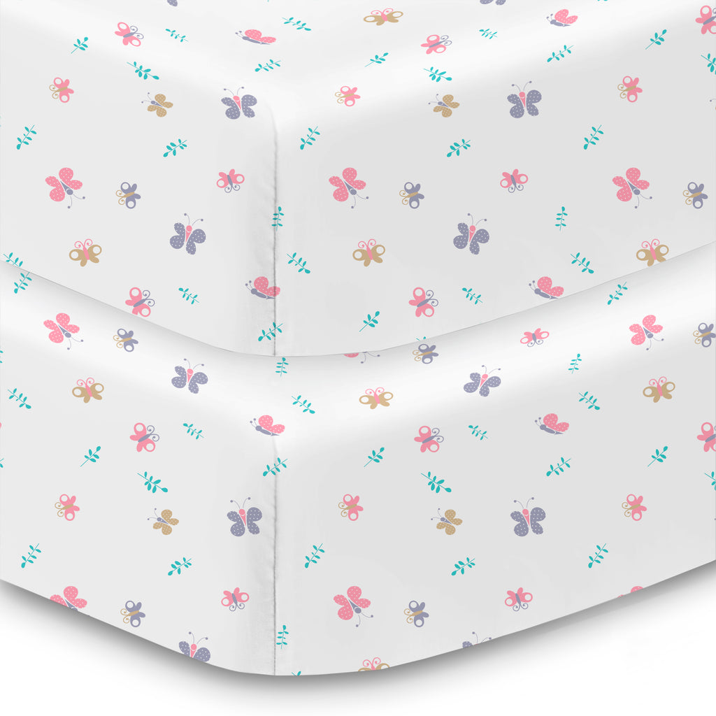 Corner View of BreathableBaby Cotton Percale Fitted Sheet for Crib & Toddler Bed Mattresses in Butterflies