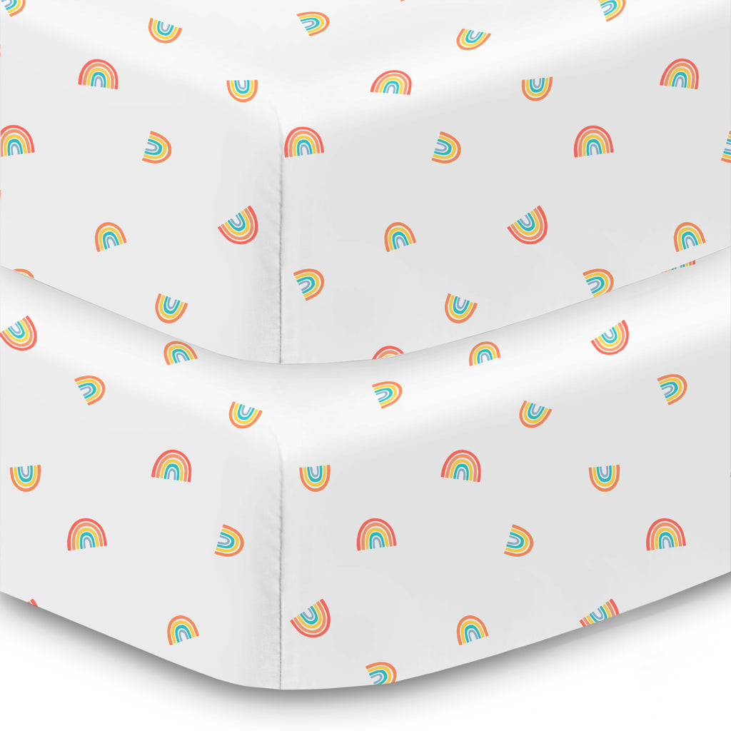 Corner View of BreathableBaby Cotton Percale Fitted Sheet for Crib & Toddler Bed Mattresses in Rainbows