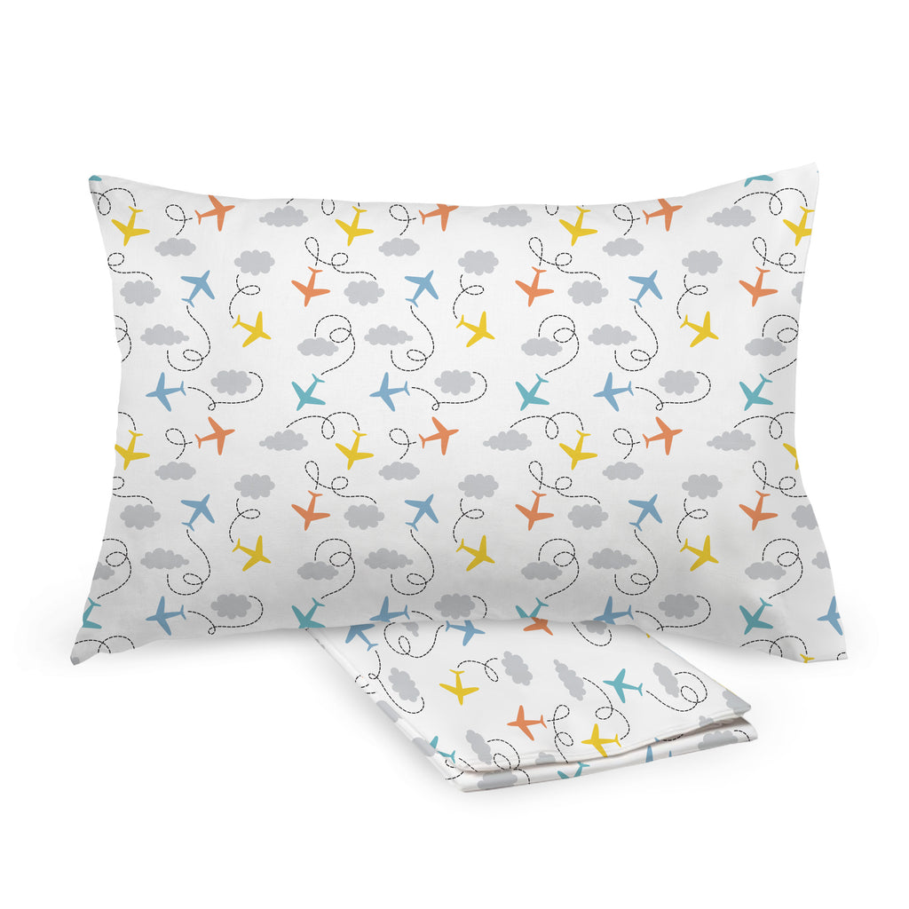 BreathableBaby Cotton Percale Pillowcases for Toddler Pillows in Airplanes shown on Toddler Pillow and Folded