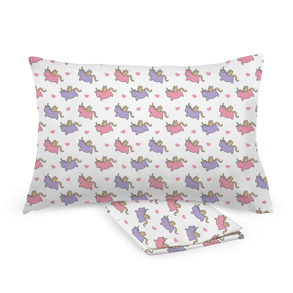 BreathableBaby Cotton Percale Pillowcases for Toddler Pillows in Unicorns shown on Toddler Pillow and Folded