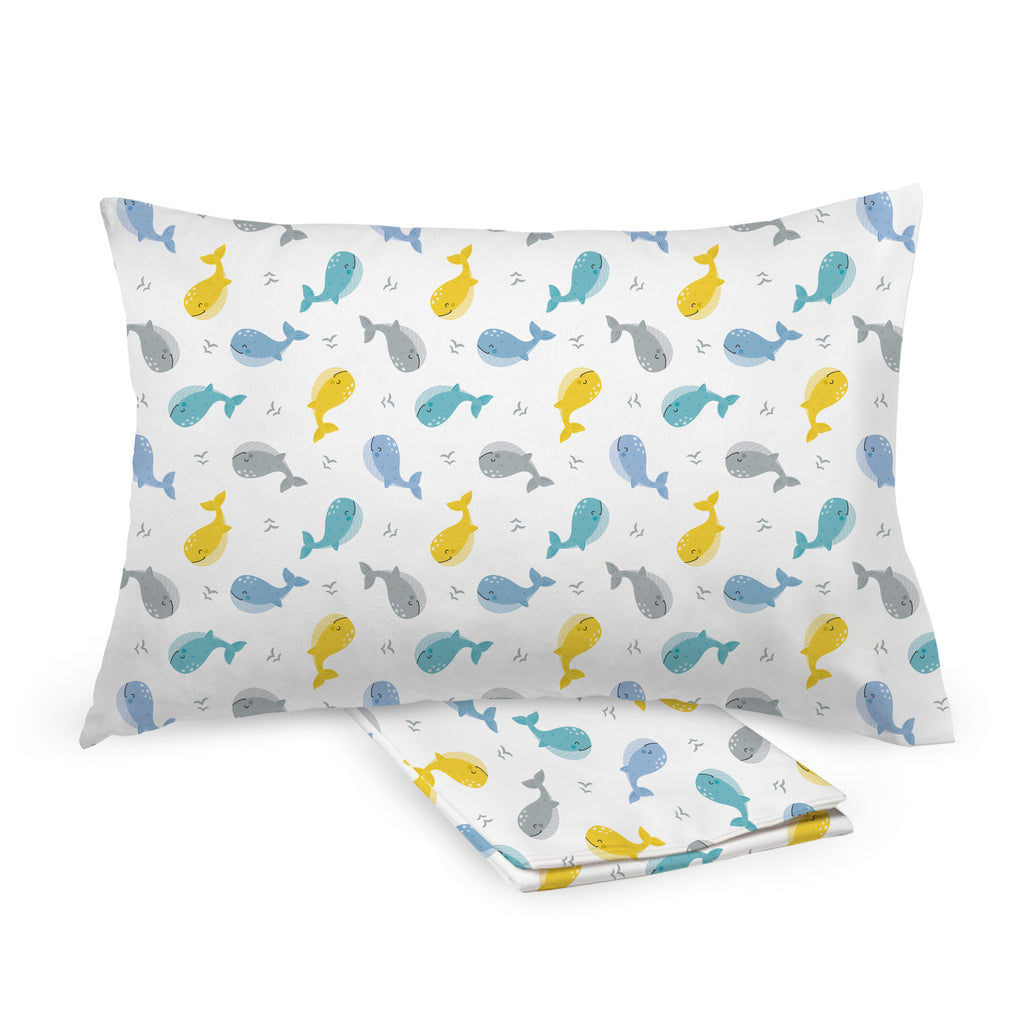  BreathableBaby Cotton Percale Pillowcases for Toddler Pillows in Whales shown on Toddler Pillow and Folded