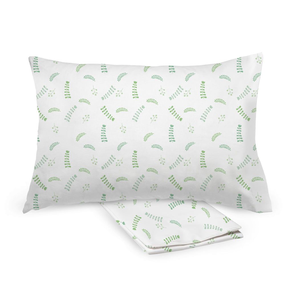 BreathableBaby Cotton Percale Pillowcases for Toddler Pillows in Botanical shown on Toddler Pillow and Folded