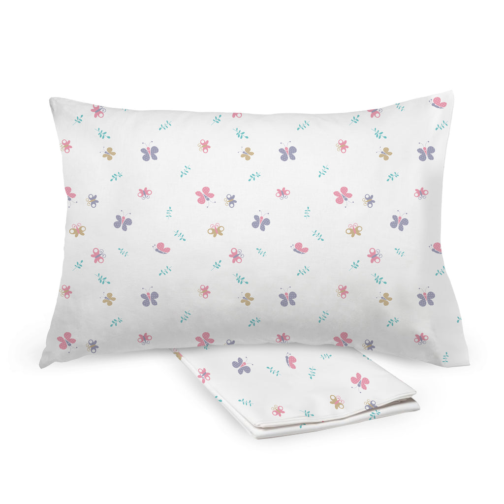 BreathableBaby Cotton Percale Pillowcases for Toddler Pillows in Butterflies shown on Toddler Pillow and Folded