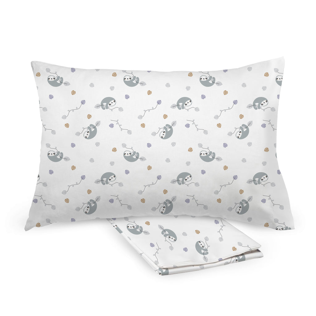 BreathableBaby Cotton Percale Pillowcases for Toddler Pillows in Sloths shown on Toddler Pillow and Folded