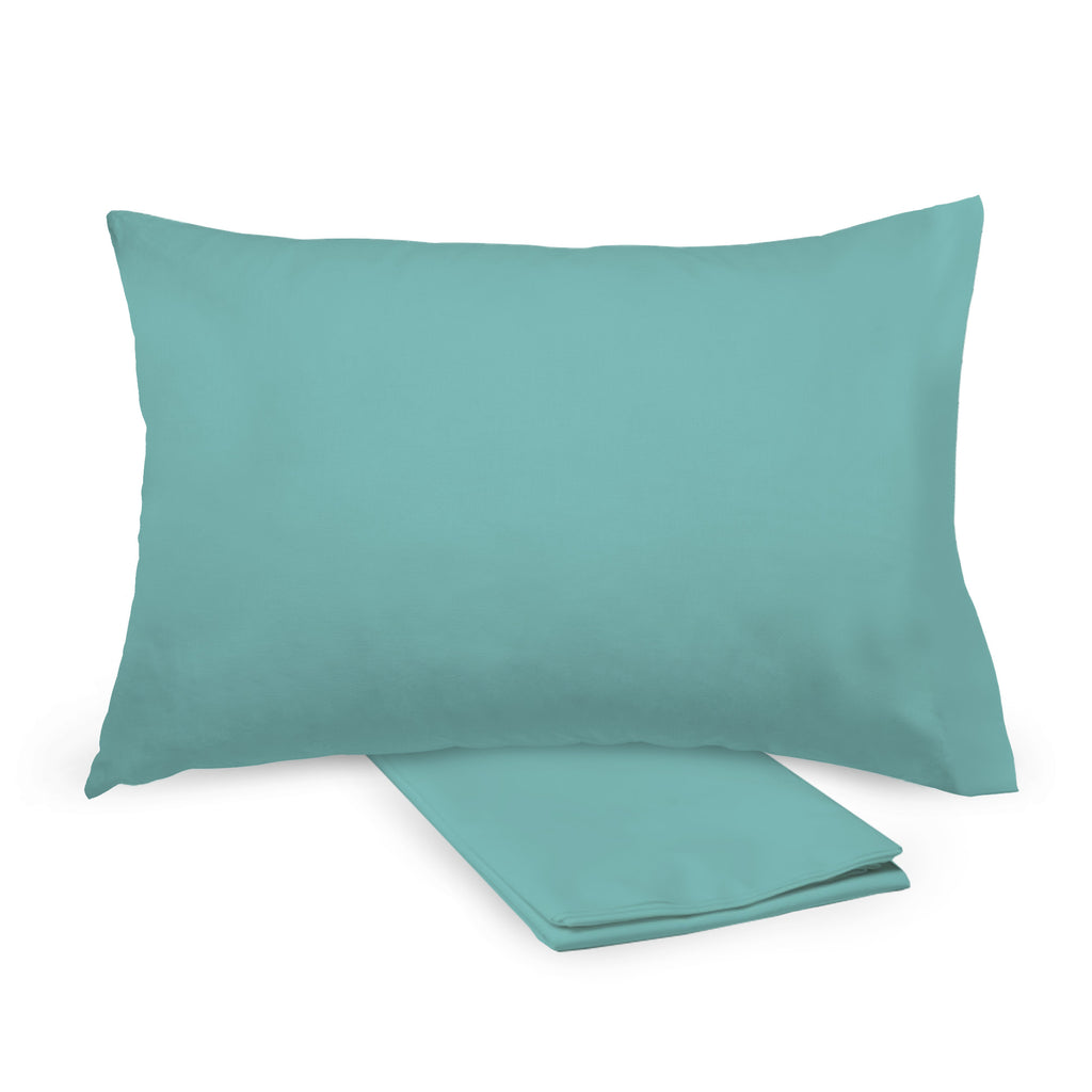 BreathableBaby Cotton Percale Pillowcases for Toddler Pillows in Aqua shown on Toddler Pillow and Folded