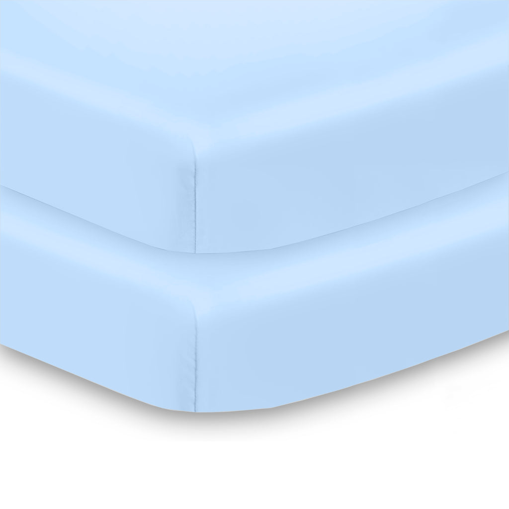 Corner View of BreathableBaby All-in-One Fitted Sheet & Waterproof Cover for Mini Crib Mattresses in Light Blue