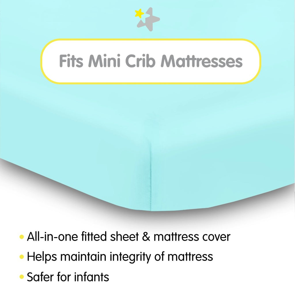 Fit Description for BreathableBaby All-in-One Fitted Sheet & Waterproof Cover for Mini Crib Mattresses in Blue Green Aqua