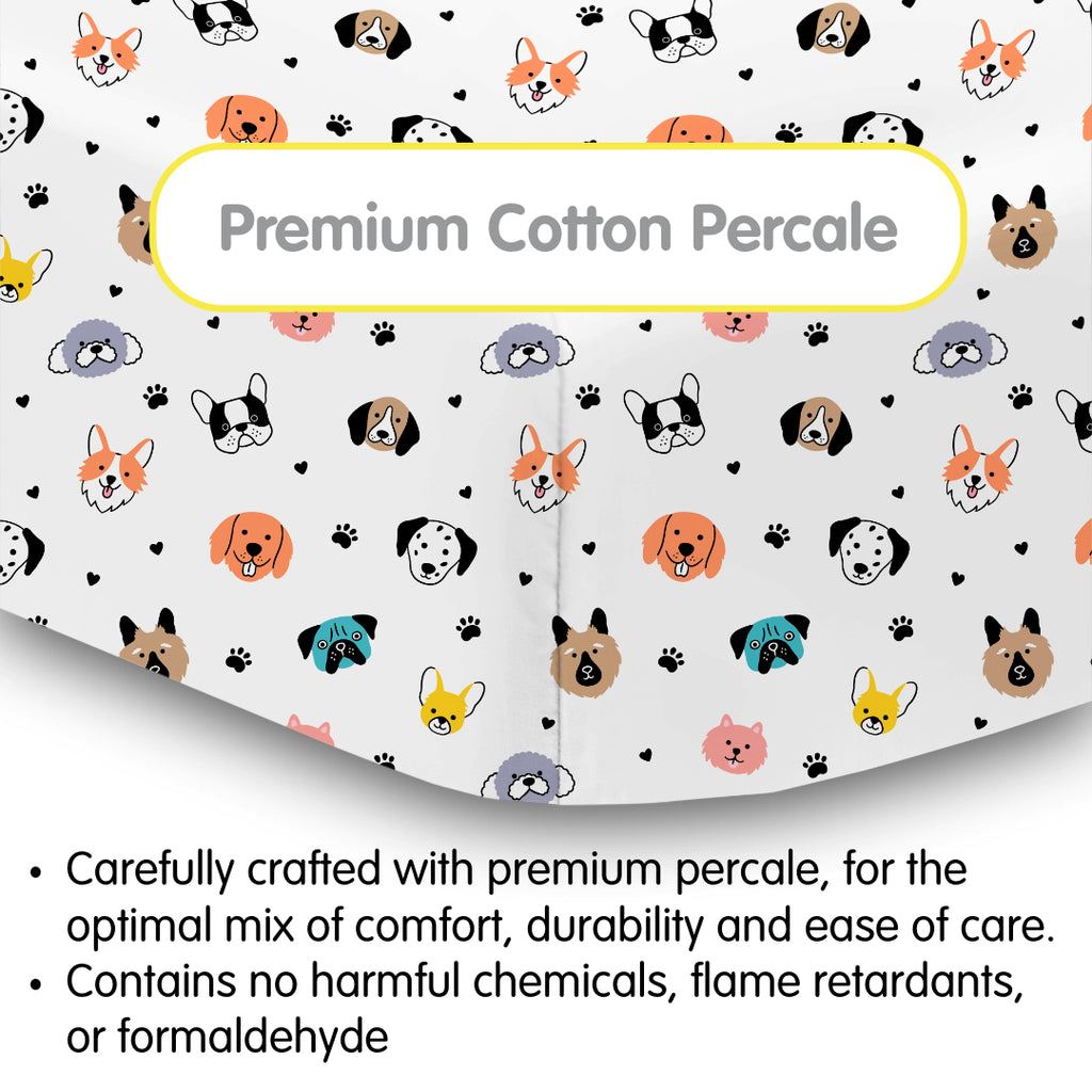 Material Description for BreathableBaby Cotton Percale Fitted Sheet for Crib & Toddler Bed Mattresses in Dogs