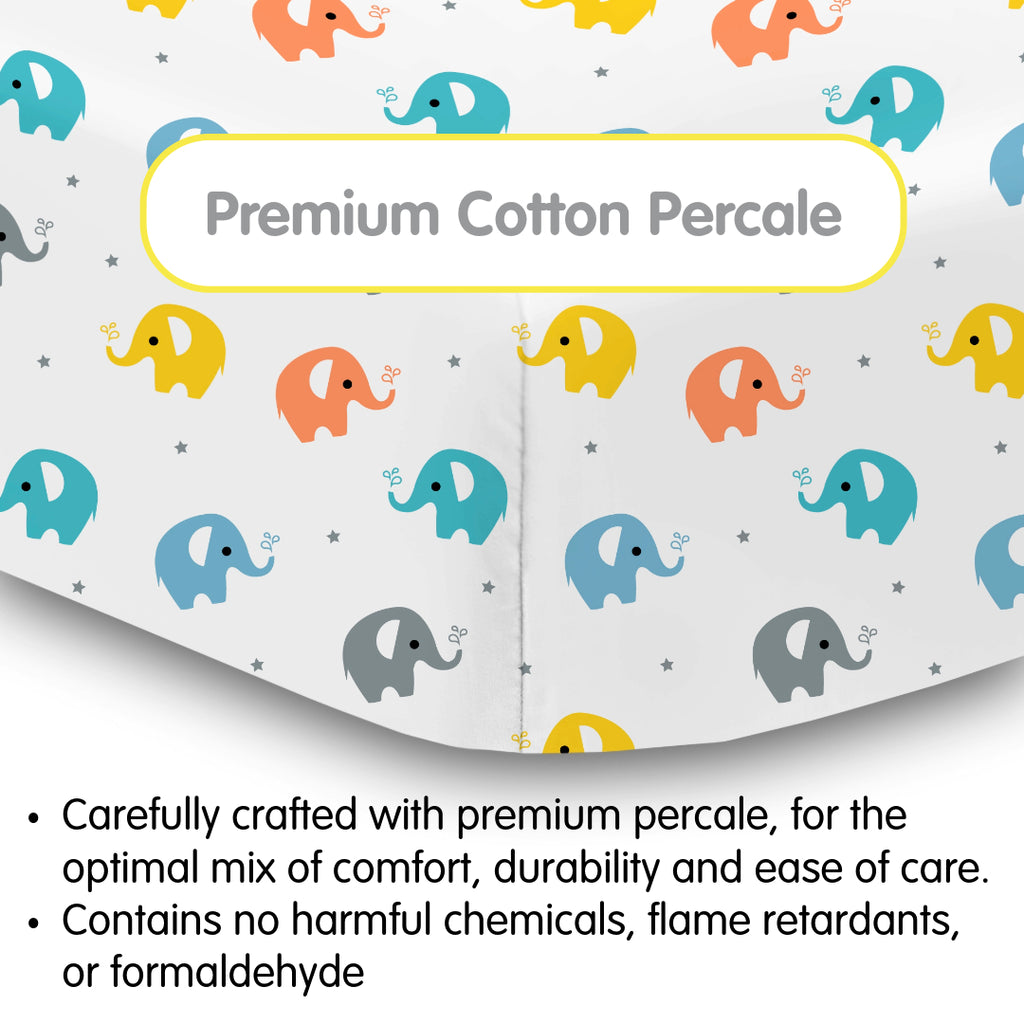 Material Description for BreathableBaby Cotton Percale Fitted Sheet for Crib & Toddler Bed Mattresses in Elephants