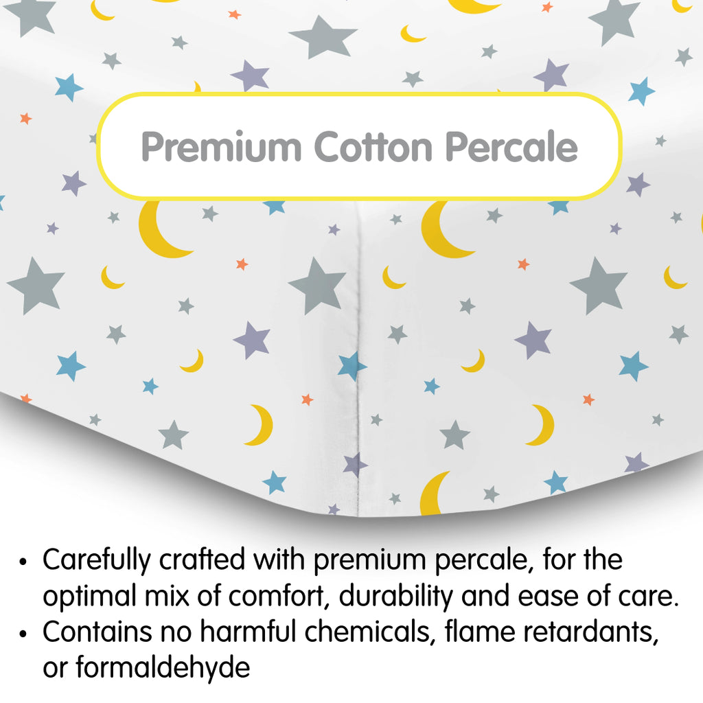 Material Description for BreathableBaby Cotton Percale Fitted Sheet for Crib & Toddler Bed Mattresses in Moon & Stars